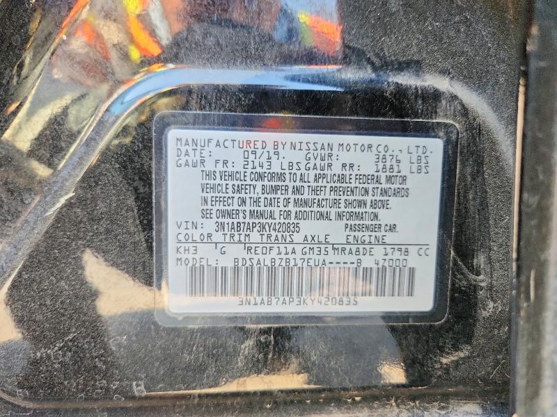 71247016 :رقم المزاد ، 3N1AB7AP3KY420835 vin ، 2019 Nissan Sentra مزاد بيع