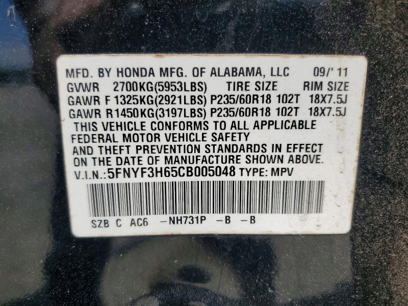 2012 Honda Pilot მანქანა იყიდება აუქციონზე, vin: 5FNYF3H65CB005048, აუქციონის ნომერი: 67901336