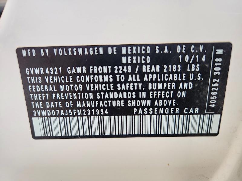 2015 Volkswagen Jetta მანქანა იყიდება აუქციონზე, vin: 3VWD07AJ5FM231934, აუქციონის ნომერი: 68807816
