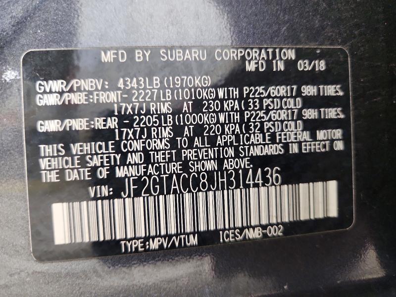 67517266 :رقم المزاد ، JF2GTACC8JH314436 vin ، 2018 Subaru Crosstrek مزاد بيع