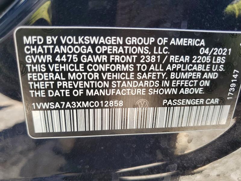 2021 Volkswagen Passat მანქანა იყიდება აუქციონზე, vin: 1VWSA7A3XMC012858, აუქციონის ნომერი: 68024606