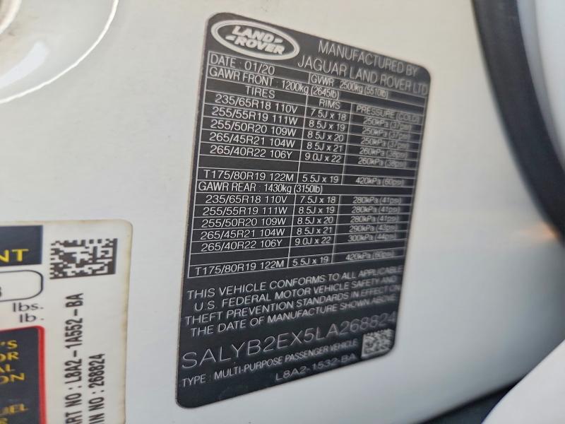 2020 Land Rover Range Rover Velar მანქანა იყიდება აუქციონზე, vin: SALYB2EX5LA268824, აუქციონის ნომერი: 69933486