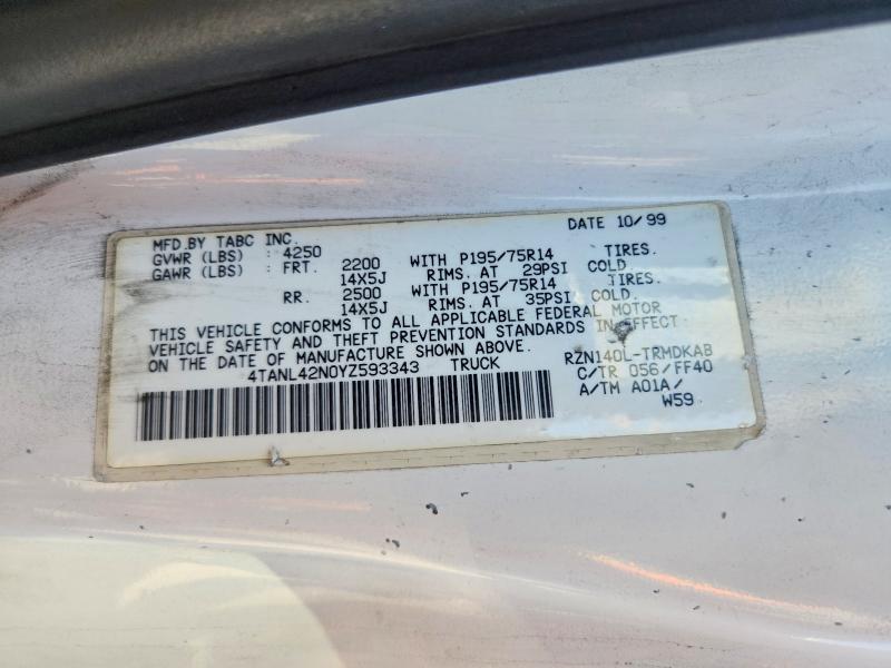 2000 Toyota Tacoma მანქანა იყიდება აუქციონზე, vin: 4TANL42N0YZ593343, აუქციონის ნომერი: 71298546