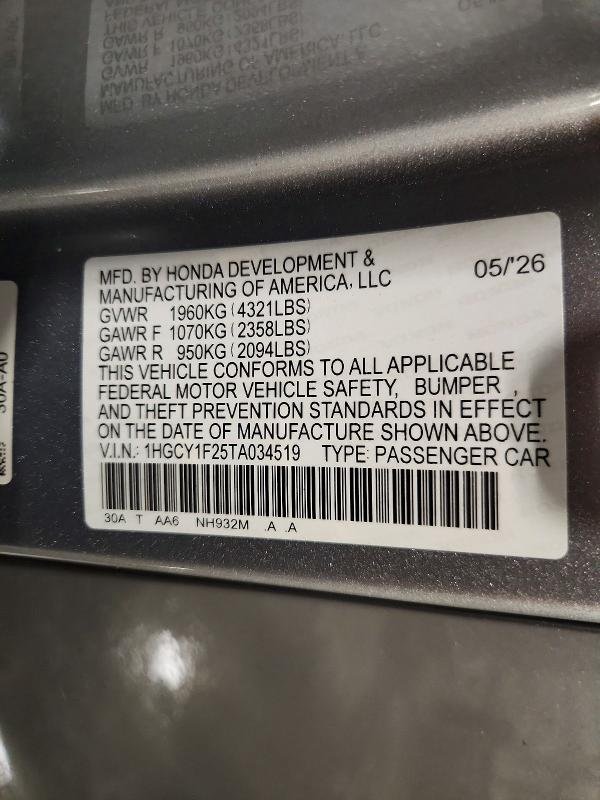 2026 Honda Accord მანქანა იყიდება აუქციონზე, vin: 1HGCY1F25TA034519, აუქციონის ნომერი: 70067626