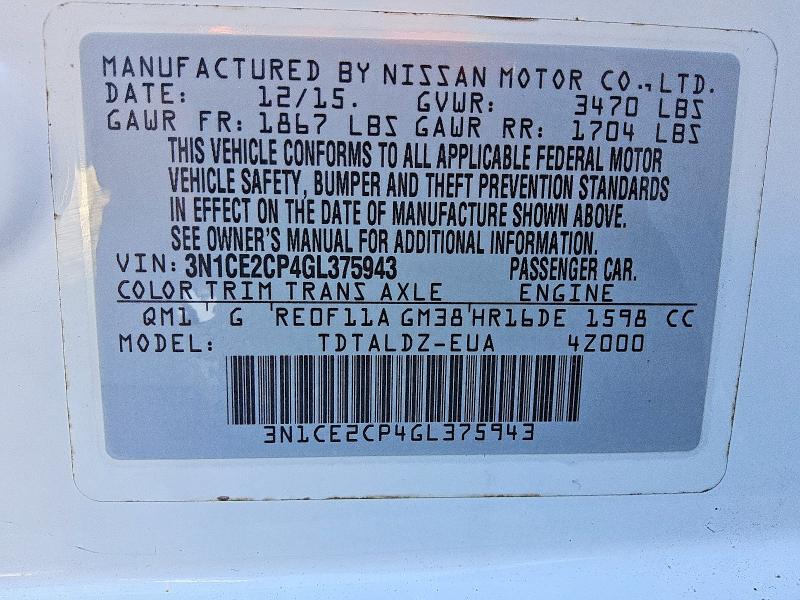 2016 Nissan Versa Note მანქანა იყიდება აუქციონზე, vin: 3N1CE2CP4GL375943, აუქციონის ნომერი: 69617266