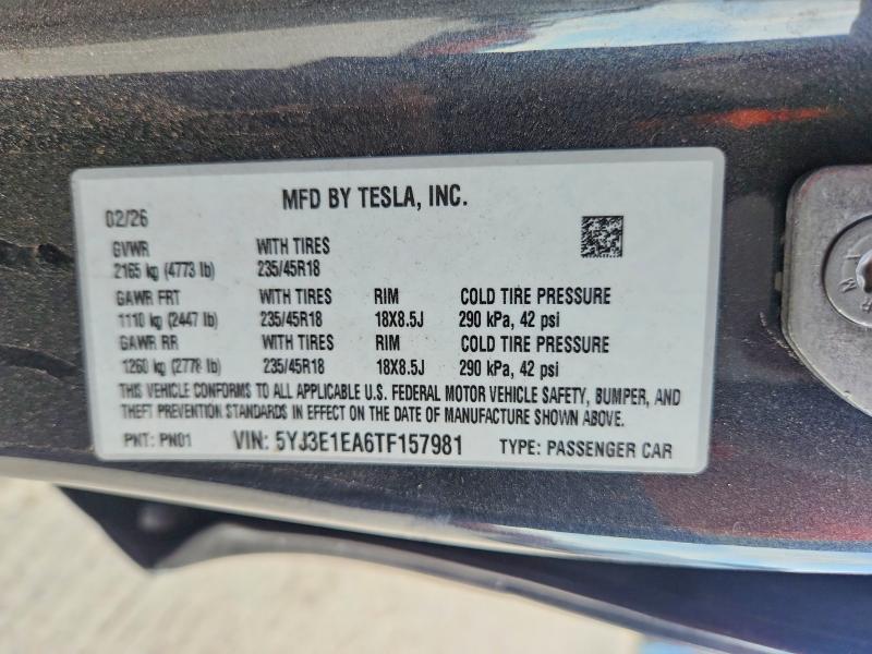 2026 Tesla Model 3 მანქანა იყიდება აუქციონზე, vin: 5YJ3E1EA6TF157981, აუქციონის ნომერი: 70696926