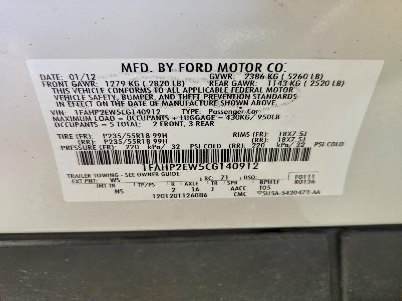 2012 Ford Taurus მანქანა იყიდება აუქციონზე, vin: 1FAHP2EW5CG140912, აუქციონის ნომერი: 70655766