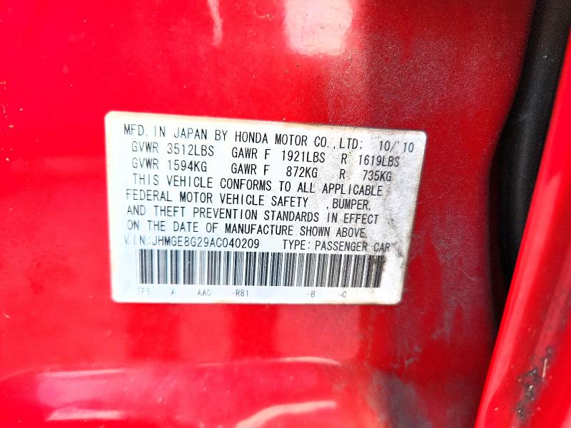 2010 Honda Fit მანქანა იყიდება აუქციონზე, vin: JHMGE8G29AC040209, აუქციონის ნომერი: 68065816
