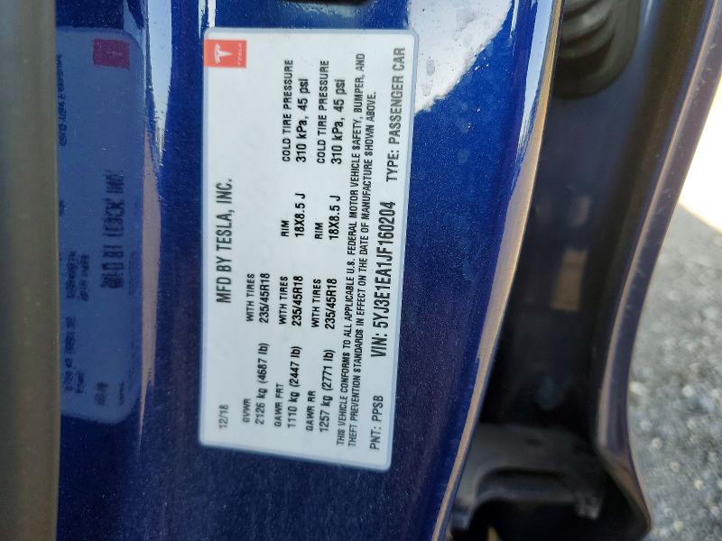 Aukcja sprzedaży 2018 Tesla Model 3, vin: 5YJ3E1EA1JF160204, numer aukcji: 68553296
