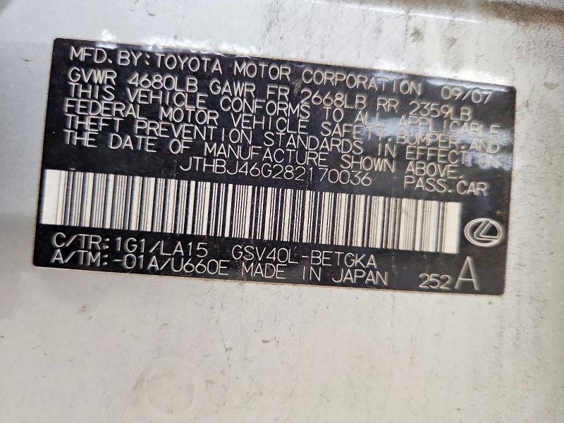 Aukcja sprzedaży 2008 Lexus Es, vin: JTHBJ46G282170036, numer aukcji: 68219286