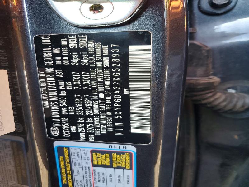 69287996 :رقم المزاد ، 5XYPGDA32KG528937 vin ، 2019 Kia Sorento مزاد بيع