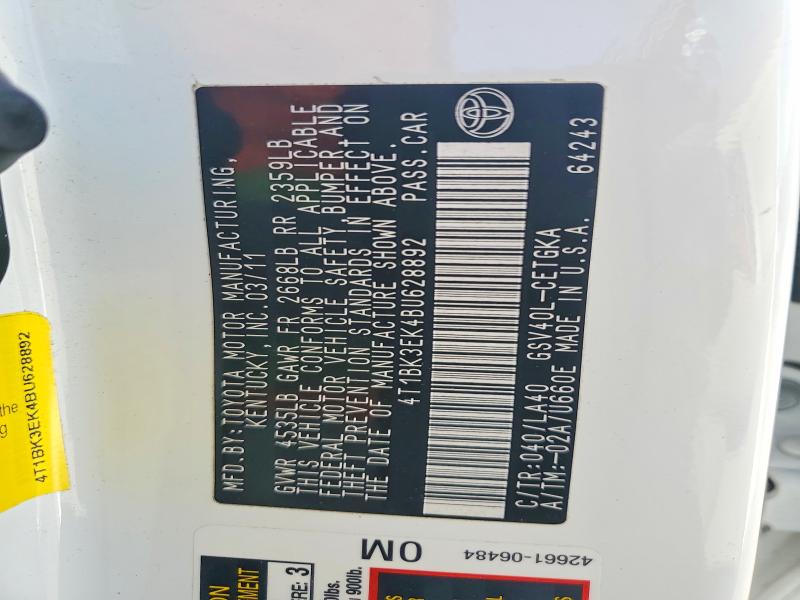 Auction sale of the 2011 Toyota Camry, vin: 4T1BK3EK4BU628892, lot number: 67490756