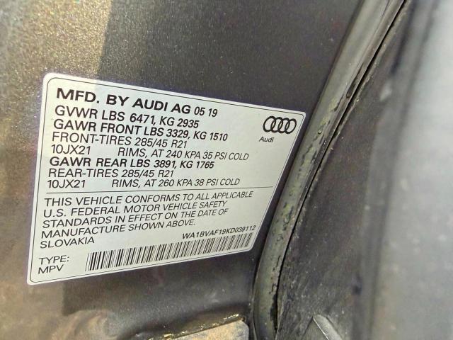 2019 Audi Q8 მანქანა იყიდება აუქციონზე, vin: WA1BVAF19KD039112, აუქციონის ნომერი: 70835616