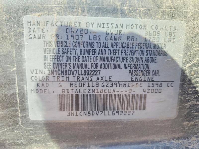Продаж на аукціоні авто 2020 Nissan Versa, vin: 3N1CN8DV7LL892227, номер лоту: 70536626