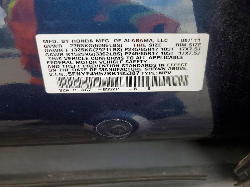 2011 Honda Pilot მანქანა იყიდება აუქციონზე, vin: 5FNYF4H57BB105387, აუქციონის ნომერი: 69750026