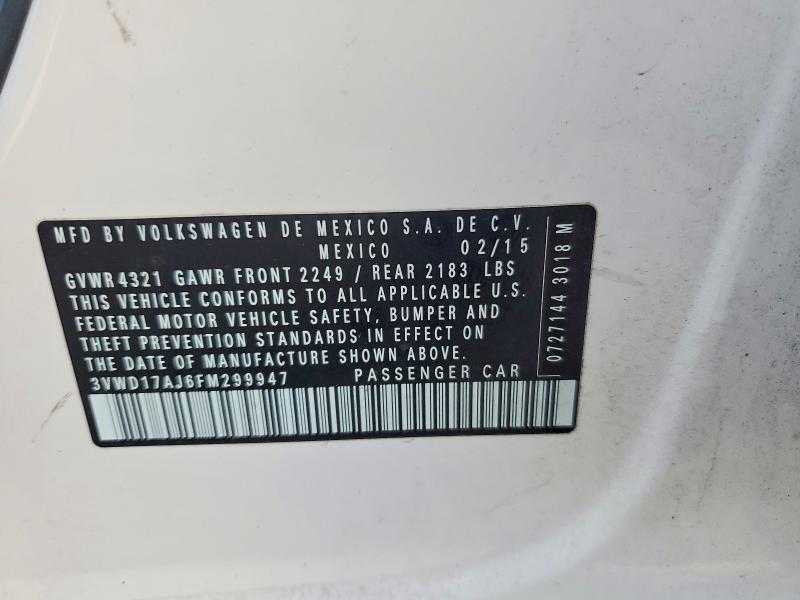 2015 Volkswagen Jetta მანქანა იყიდება აუქციონზე, vin: 3VWD17AJ6FM299947, აუქციონის ნომერი: 68328056