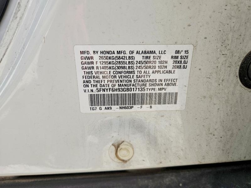 2016 Honda Pilot მანქანა იყიდება აუქციონზე, vin: 5FNYF6H93GB017135, აუქციონის ნომერი: 67557756