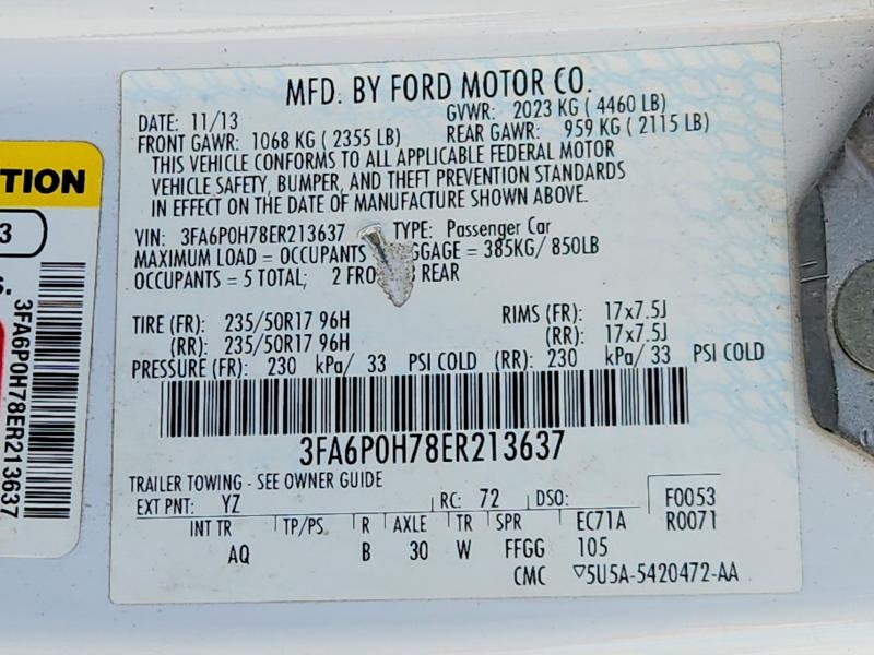 2014 Ford Fusion მანქანა იყიდება აუქციონზე, vin: 3FA6P0H78ER213637, აუქციონის ნომერი: 70570346