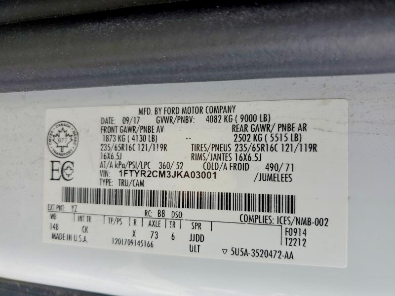 2018 Ford Transit მანქანა იყიდება აუქციონზე, vin: 1FTYR2CM3JKA03001, აუქციონის ნომერი: 67628766