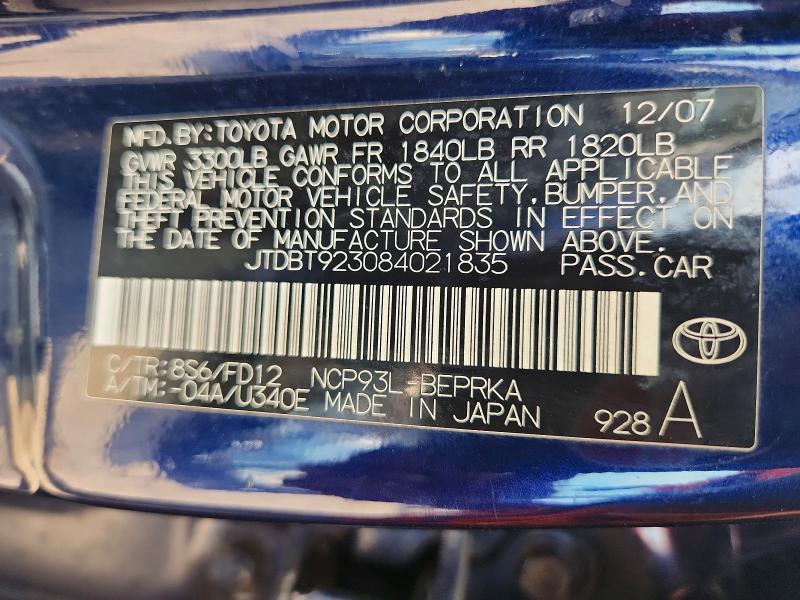 Aukcja sprzedaży 2008 Toyota Yaris, vin: JTDBT923084021835, numer aukcji: 67299746