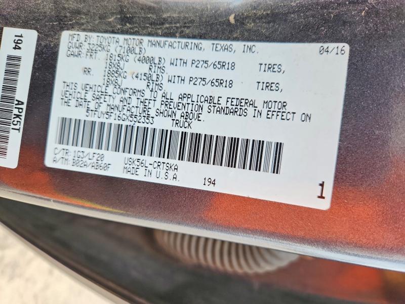 Продаж на аукціоні авто 2016 Toyota Tundra, vin: 5TFUY5F16GX552353, номер лоту: 68574136