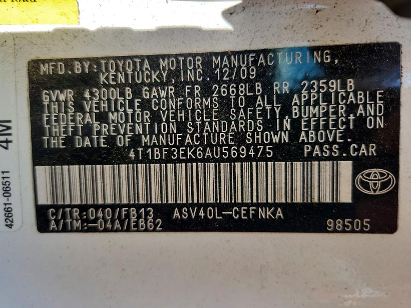 Aukcja sprzedaży 2010 Toyota Camry, vin: 4T1BF3EK6AU569475, numer aukcji: 69029606