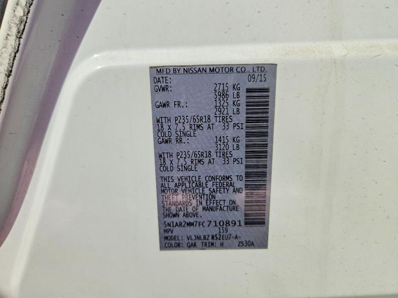 2015 Nissan Pathfinder მანქანა იყიდება აუქციონზე, vin: 5N1AR2MM7FC710891, აუქციონის ნომერი: 70908106