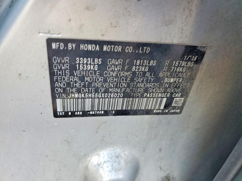 Aukcja sprzedaży 2016 Honda Fit, vin: JHMGK5H55GX026020, numer aukcji: 69813296