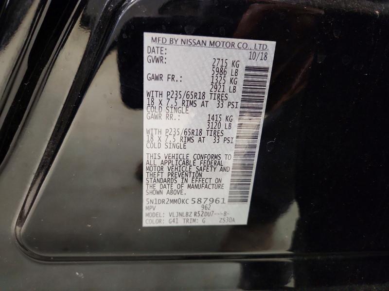 Продажа на аукционе авто 2019 Nissan Pathfinder, vin: 5N1DR2MM0KC587961, номер лота: 70506756
