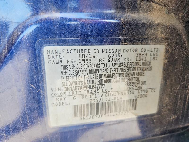 2017 Nissan Sentra მანქანა იყიდება აუქციონზე, vin: 3N1AB7AP9HL647727, აუქციონის ნომერი: 70896836
