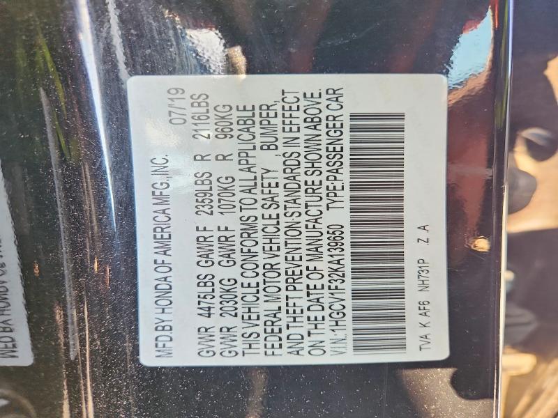 Aukcja sprzedaży 2019 Honda Accord, vin: 1HGCV1F32KA139650, numer aukcji: 67291866