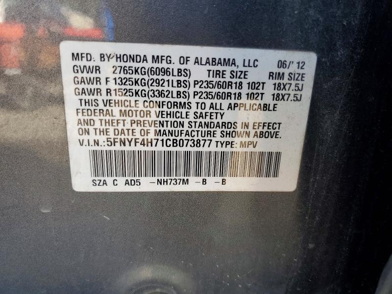 Продаж на аукціоні авто 2012 Honda Pilot, vin: 5FNYF4H71CB073877, номер лоту: 69235346