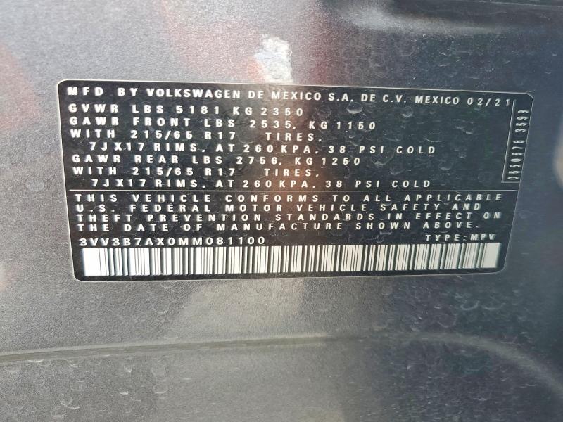 2021 Volkswagen Tiguan მანქანა იყიდება აუქციონზე, vin: 3VV3B7AX0MM081100, აუქციონის ნომერი: 69823986