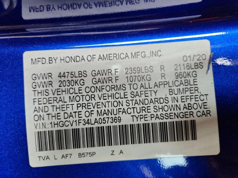 2020 Honda Accord მანქანა იყიდება აუქციონზე, vin: 1HGCV1F34LA057369, აუქციონის ნომერი: 68544356