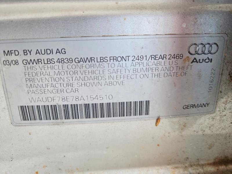 67436356 :رقم المزاد ، WAUDF78E78A154510 vin ، 2008 Audi A4 مزاد بيع