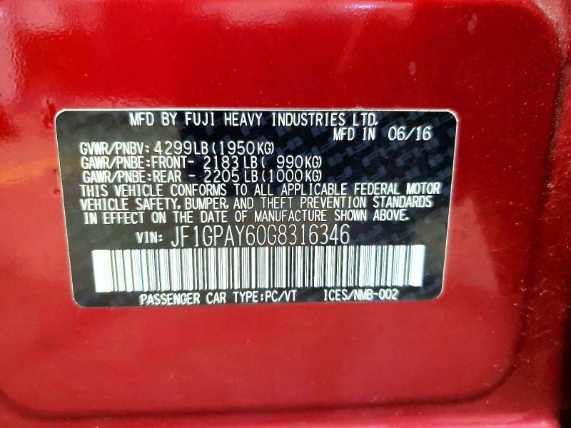 Aukcja sprzedaży 2016 Subaru Impreza, vin: JF1GPAY60G8316346, numer aukcji: 69224666