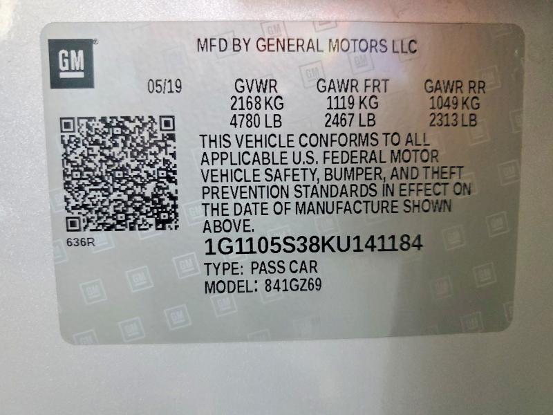 2019 Chevrolet Impala მანქანა იყიდება აუქციონზე, vin: 1G1105S38KU141184, აუქციონის ნომერი: 70369986