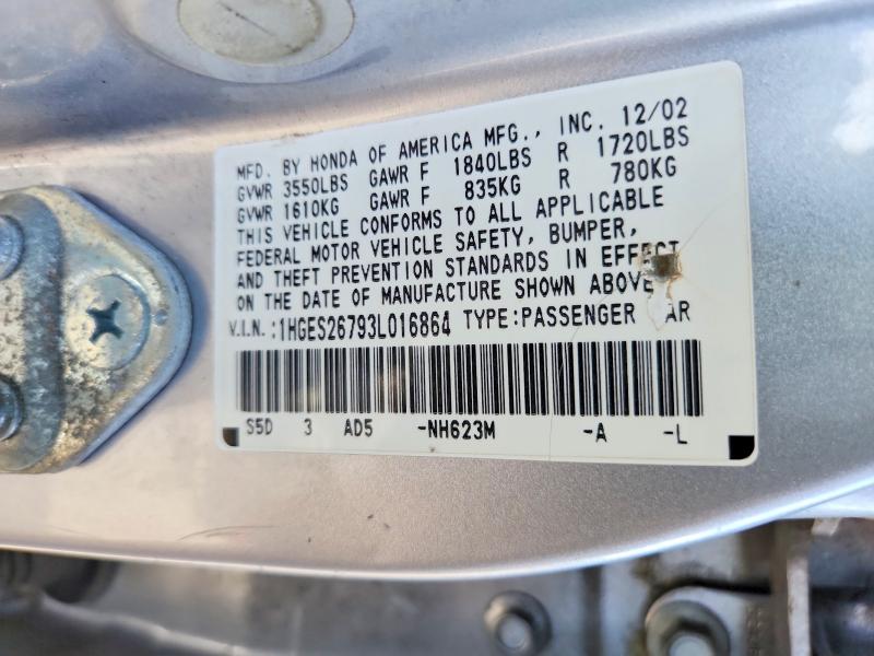 68707116 :رقم المزاد ، 1HGES26793L016864 vin ، 2003 Honda Civic مزاد بيع