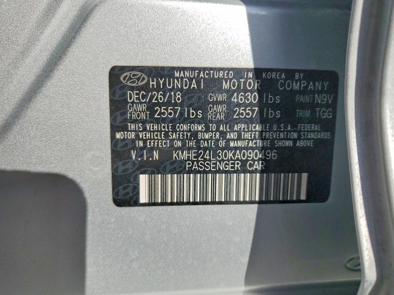2019 Hyundai Sonata Hybrid მანქანა იყიდება აუქციონზე, vin: KMHE24L30KA090496, აუქციონის ნომერი: 69430746