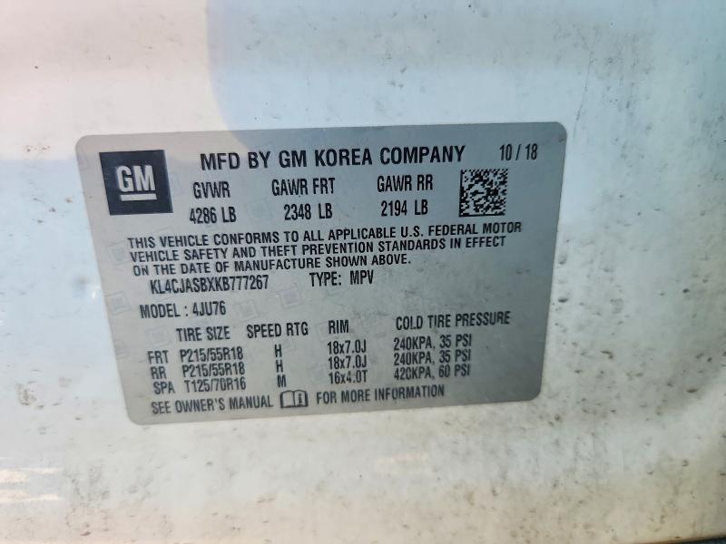 2019 Buick Encore მანქანა იყიდება აუქციონზე, vin: KL4CJASBXKB777267, აუქციონის ნომერი: 68052226