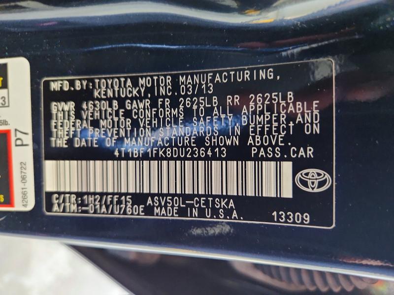 2013 Toyota Camry მანქანა იყიდება აუქციონზე, vin: 4T1BF1FK8DU236413, აუქციონის ნომერი: 67632166