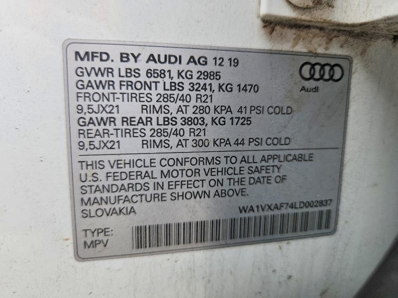 2020 Audi Q7 მანქანა იყიდება აუქციონზე, vin: WA1VXAF74LD002837, აუქციონის ნომერი: 71083176
