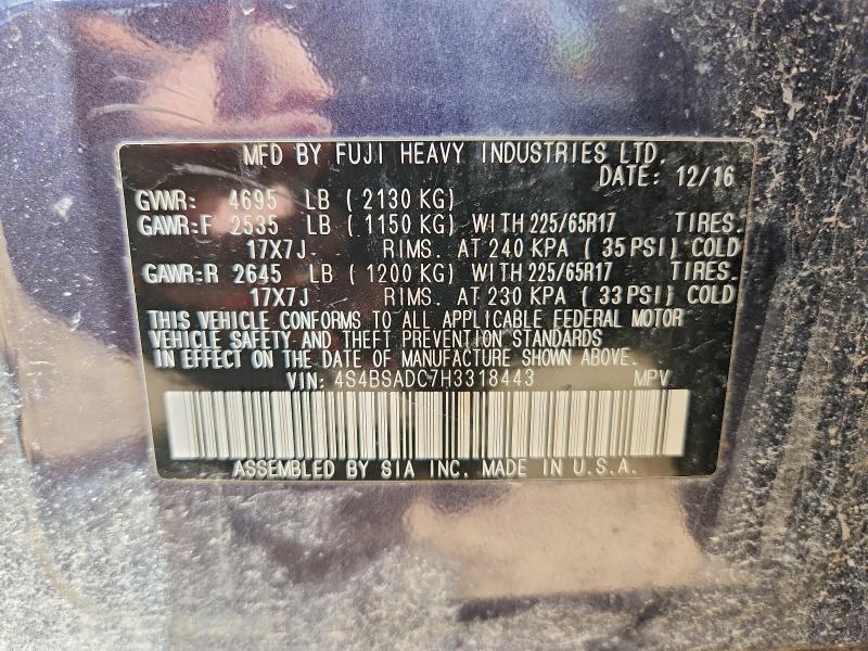 2017 Subaru Outback მანქანა იყიდება აუქციონზე, vin: 4S4BSADC7H3318443, აუქციონის ნომერი: 68449536