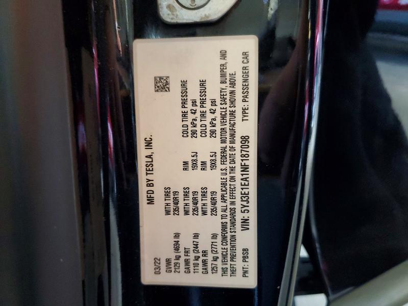 66849426 :رقم المزاد ، 5YJ3E1EA1NF187098 vin ، 2022 Tesla Model 3 مزاد بيع