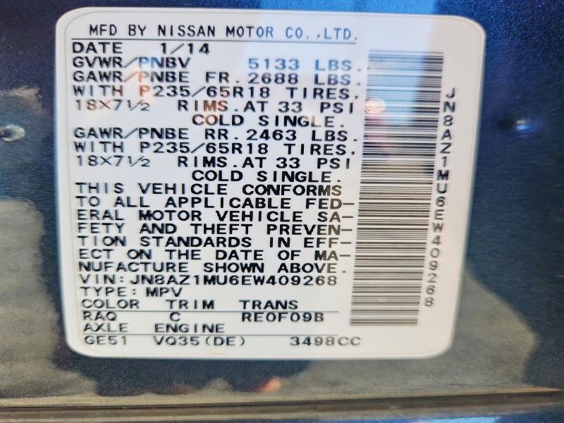 68249096 :رقم المزاد ، JN8AZ1MU6EW409268 vin ، 2014 Nissan Murano مزاد بيع