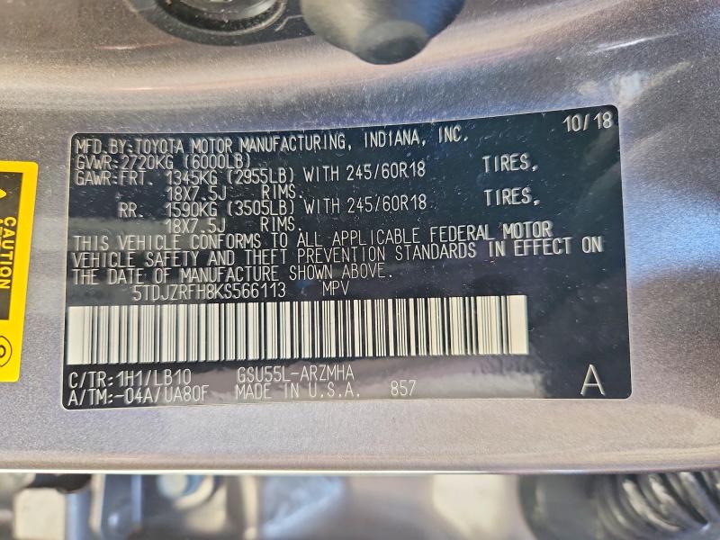 Aukcja sprzedaży 2019 Toyota Highlander, vin: 5TDJZRFH8KS566113, numer aukcji: 68668866