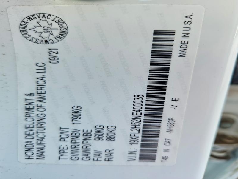 2022 Honda Civic მანქანა იყიდება აუქციონზე, vin: 19XFL2H52NE400038, აუქციონის ნომერი: 68489686