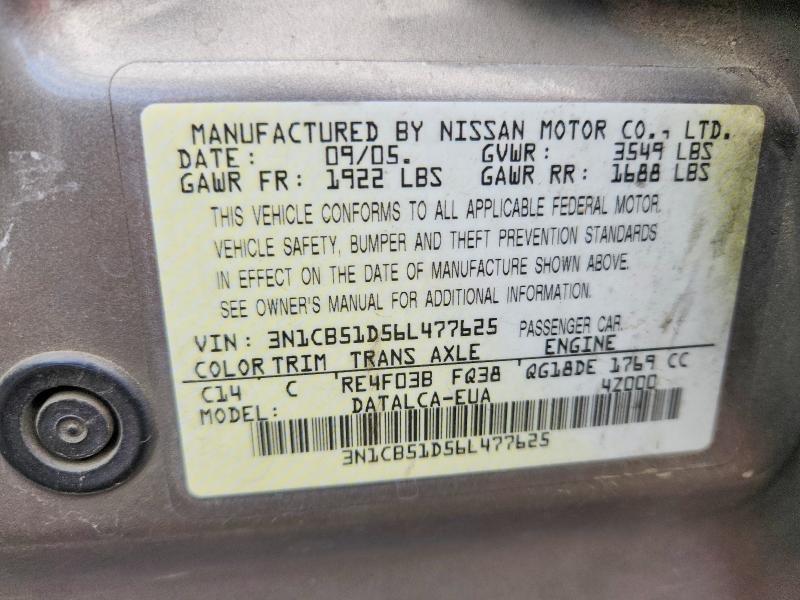 Aukcja sprzedaży 2006 Nissan Sentra, vin: 3N1CB51D56L477625, numer aukcji: 69334276
