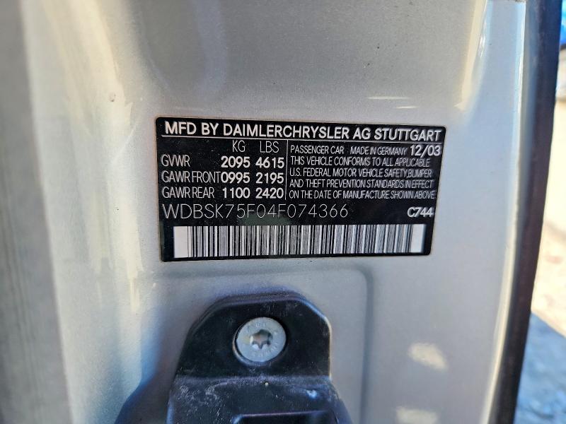 2004 Mercedes-benz Sl მანქანა იყიდება აუქციონზე, vin: WDBSK75F04F074366, აუქციონის ნომერი: 67522716
