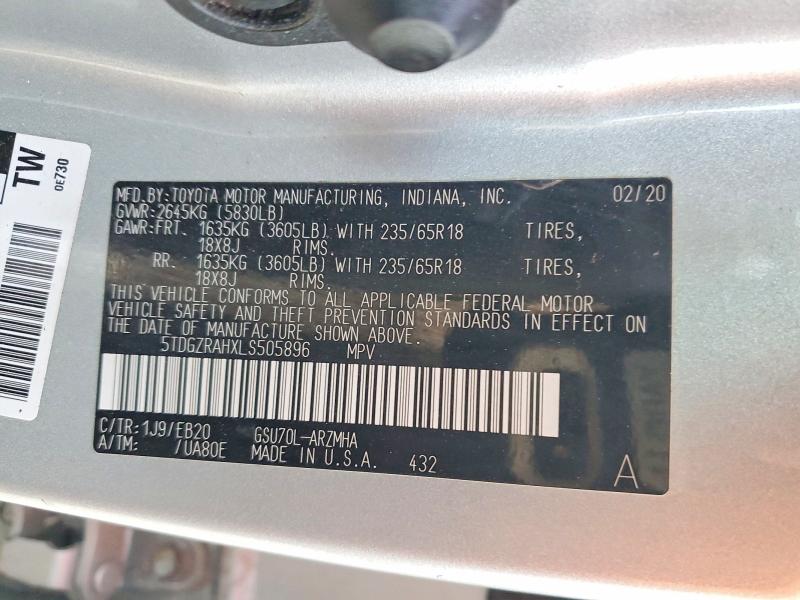 70478446 :رقم المزاد ، 5TDGZRAHXLS505896 vin ، 2020 Toyota Highlander مزاد بيع
